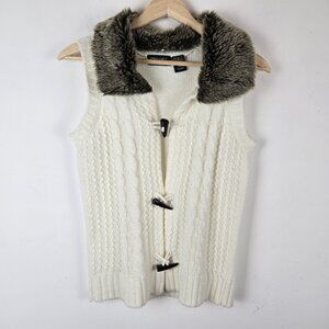 Yarn Art Sleeveless Cardigan Sz Small White Cableknit Fisherman Fur Collar Vest‎